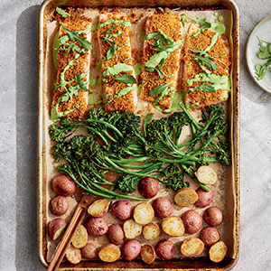 Crispy green goddess salmon with broccolini and potatoes 