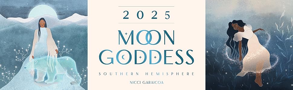 2025 moon goddess diary. blue aquamarine pallette with beautiful illustrations