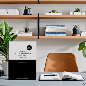 A desk with a laptop, calculator, and a pen surrounded by various financial documents and a potted p