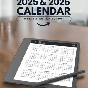 Hyperlinked 2025+2026 Calendar – Weeks start on Sunday (Kindle Scribe Only)
