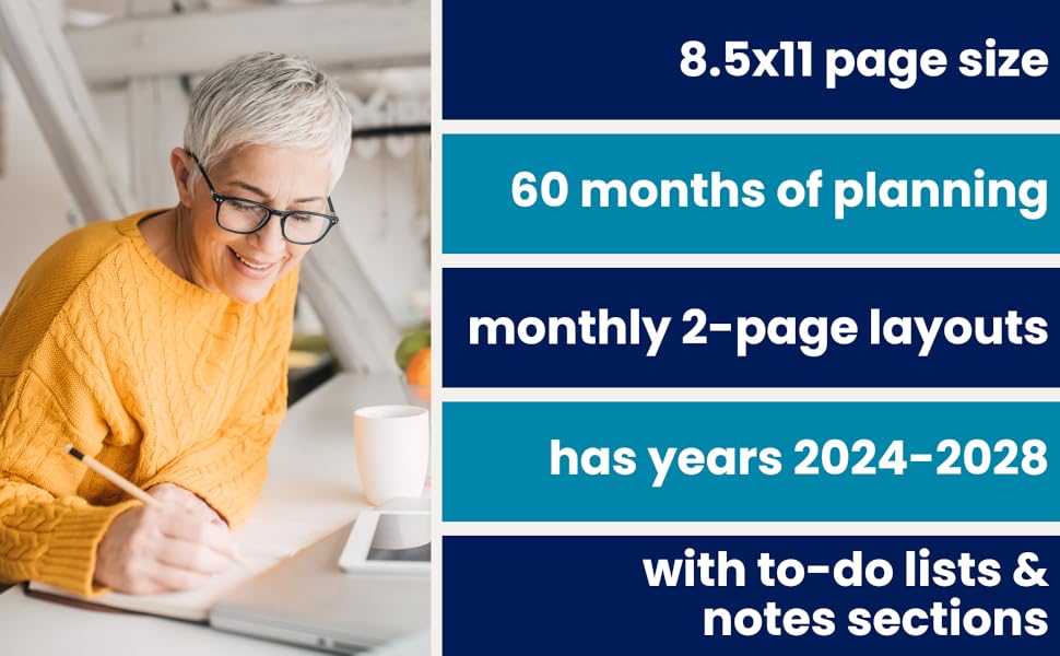 8.5x11 page size, 60 months of planning, monthly 2-page layouts for 2024-2028