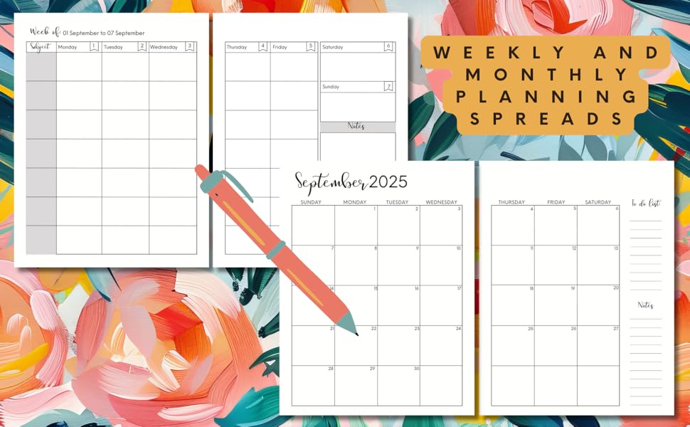 Image of the weekly and monthly planning spreads in the "2025-2026 Homeschool Planner."