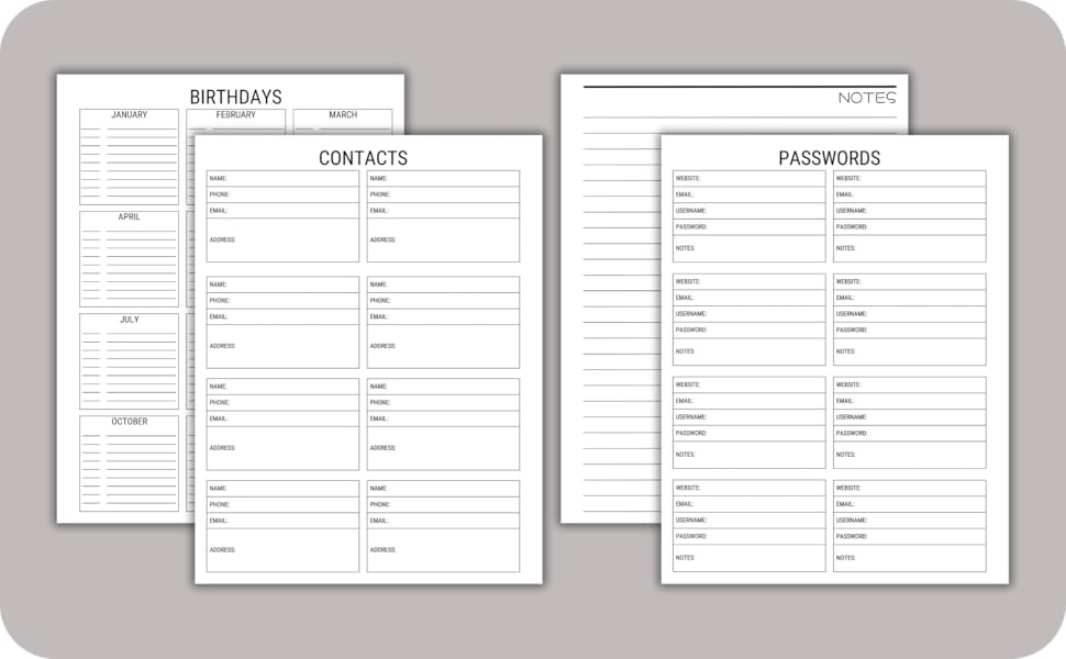 example pages from inside of 2025 to 2030 monthly calendar birthdays, passwords, contact, notes