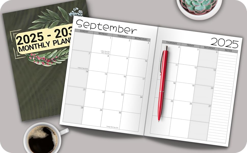 January 2025 to December 2030 Monthly Planner, Sunday start with 2 page per month spread