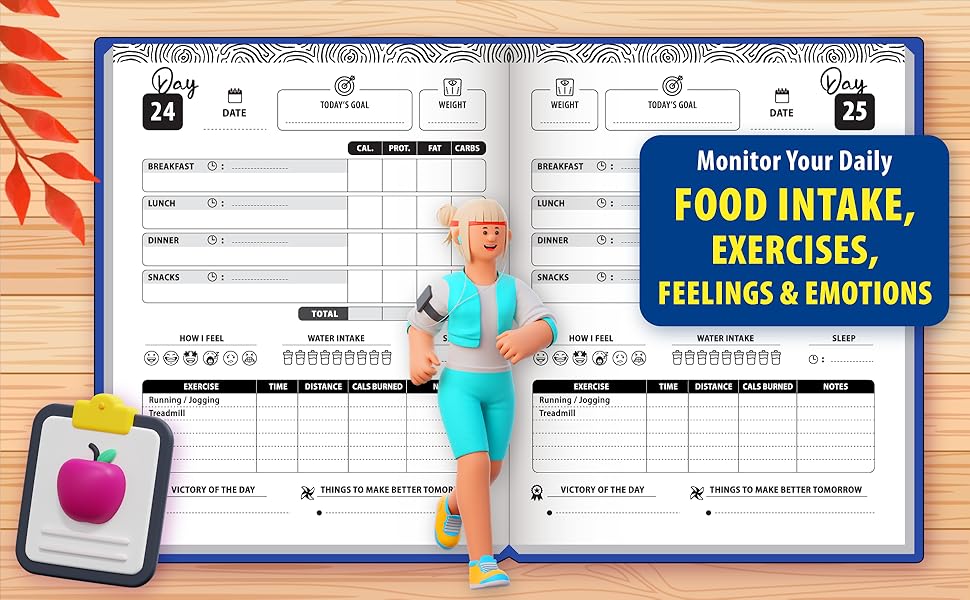 Weight loss journal for women, diet and exercise planner, meal and workout food and fitness tracker