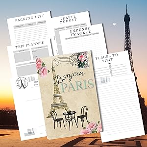 Full colour paris scene with Eiffel Tower, French Stamps, Cafe table and chairs