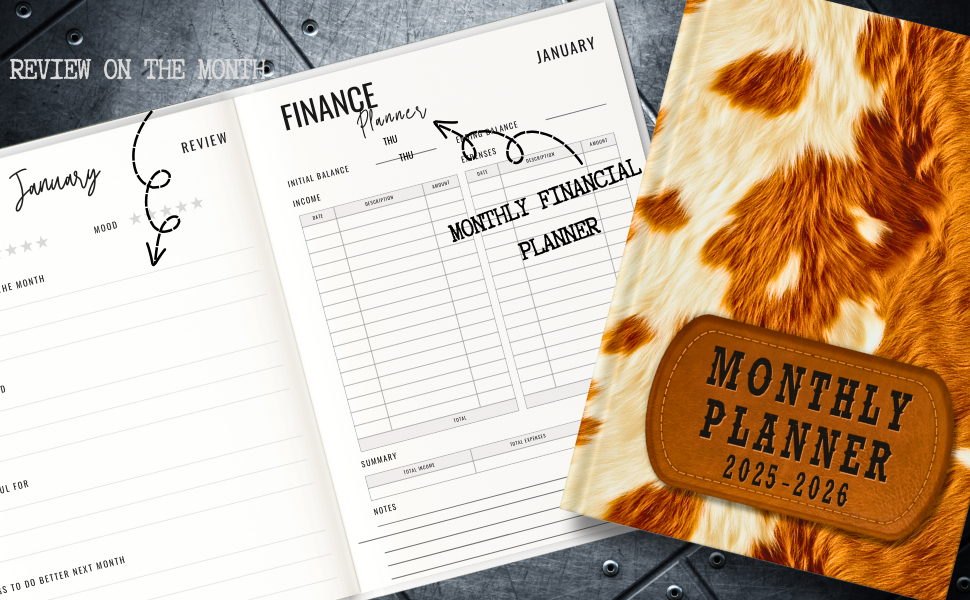 2025-2026 Monthly Planner with Rustic Cowhide Print Cover