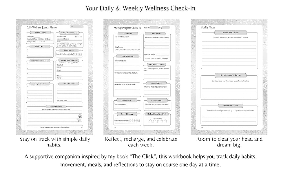 Daily planner, weekly check-in, and notes pages from the Self Care Workbook for Women.
