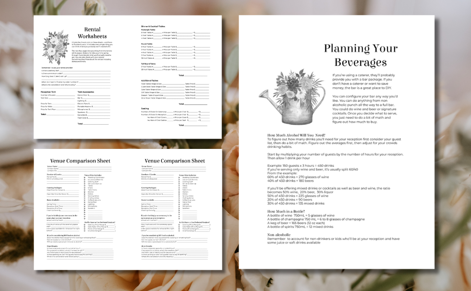 Wedding planning worksheets for beverages, rentals and comparing venues.