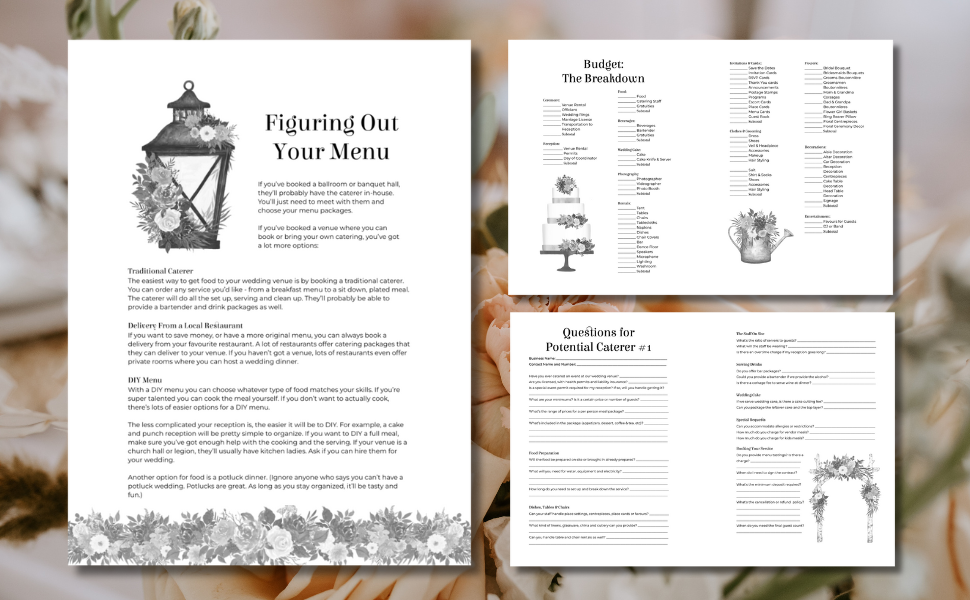 Wedding planning worksheets for the menu, the budget and hiring a caterer.