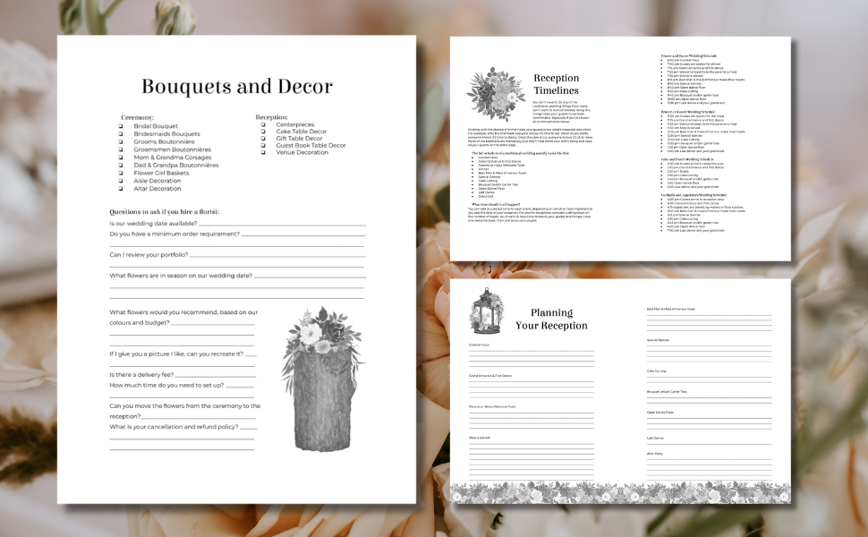 Wedding planner worksheets for bouquets, decor and planning a reception timeline.