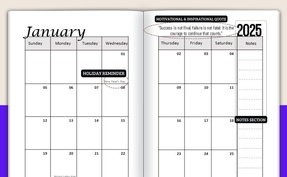 One month per every two pages spread with unruled daily blocks