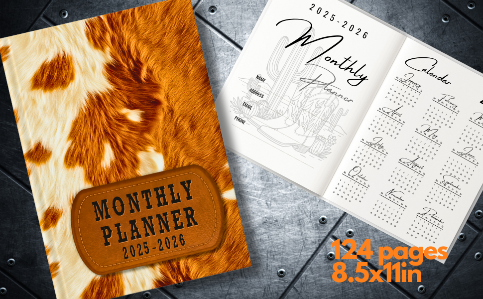 2025-2026 Monthly Planner with Rustic Cowhide Print Cover