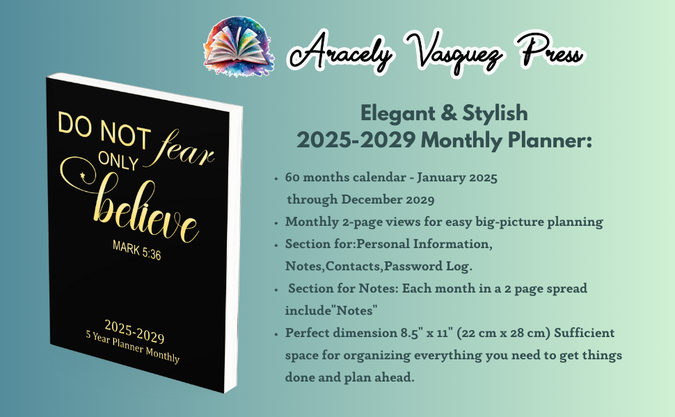 planner 5 five year planner 2025-2029 weekly daily monthly diary uk holidays a4 a6 8.5x11 for women