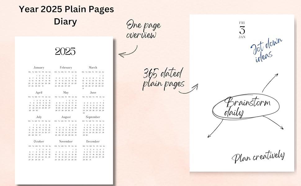 2025 overview page then plain diary page example for Fri 3 Jan