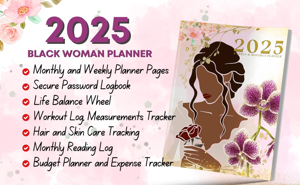 Black woman monthly and weekly planner, budget planner, workout logbook, hair and skincare planner