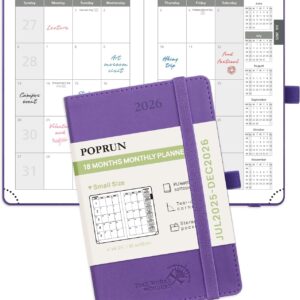 POPRUN Pocket Monthly Planner 2025-2026 (Pocket- 4''x 6.25''Soft Leather Cover) - 18 Month Calendar Book for Purse (Jul.2025-Dec.2026), 100 GSM Thick Paper - Purple