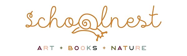 schoolnest snail logo with art + books + nature