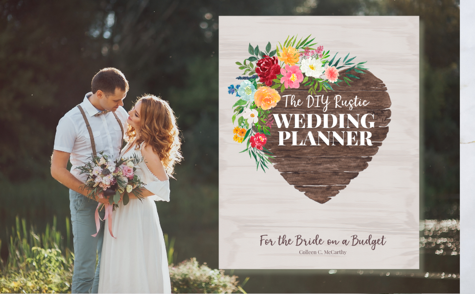 Cover of The DIY Rustic Wedding Planner with a newlywed couple in the background.