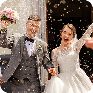 couple getting married, celebrated with family and friends