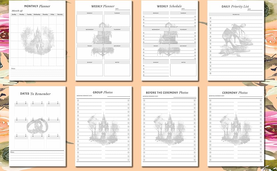 gothic wedding planner book , seating chart, group photos, budget planner, save the date , gift list