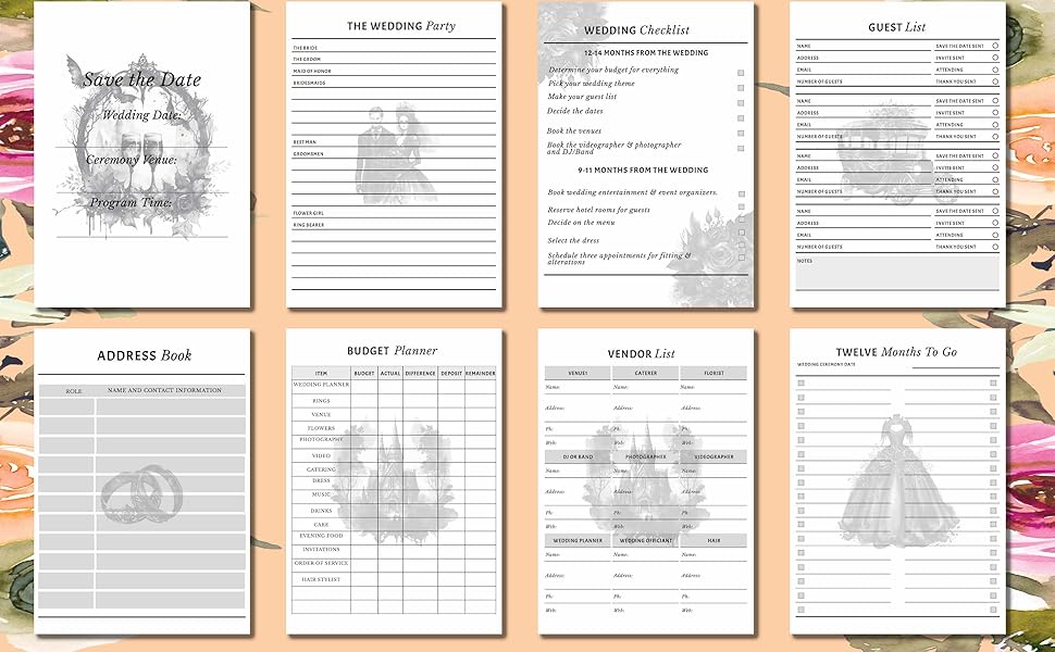Gothic wedding planner book for bride , wedding checklist, monthly planner, weekly planner, guest 