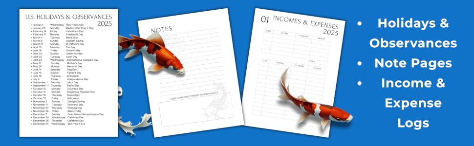 Holiday & Observance Page, Note Page Example, Income & Expense Log Example