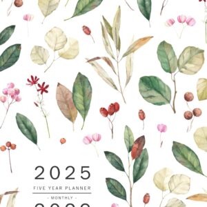 Five Year Planner 2025-2029: 6x9 Monthly Journal Organizer Medium | Watercolor Leaf Berry Seed Design White