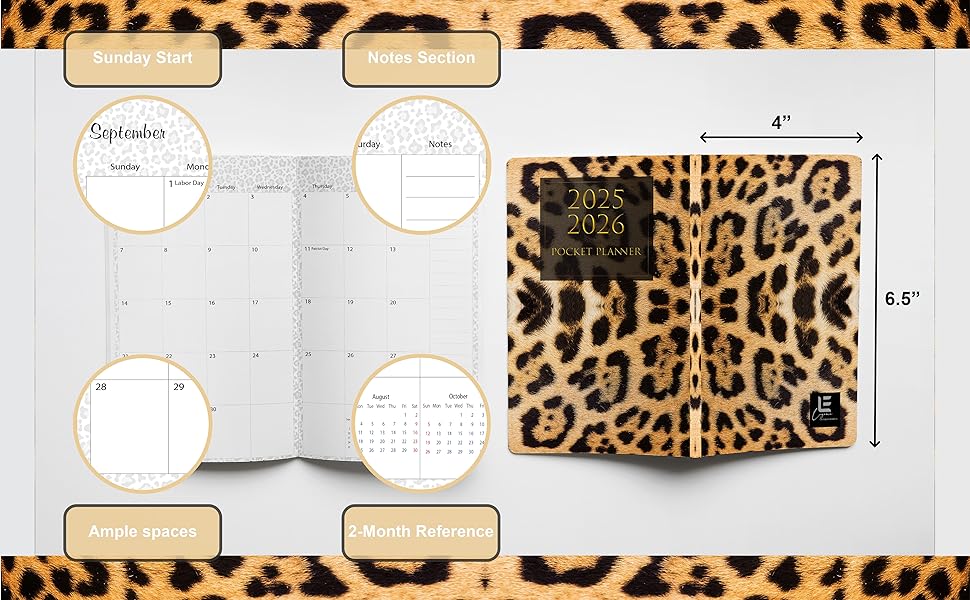 Book cover and inside the book small size Sunday start Notes Ample spaces two months reference