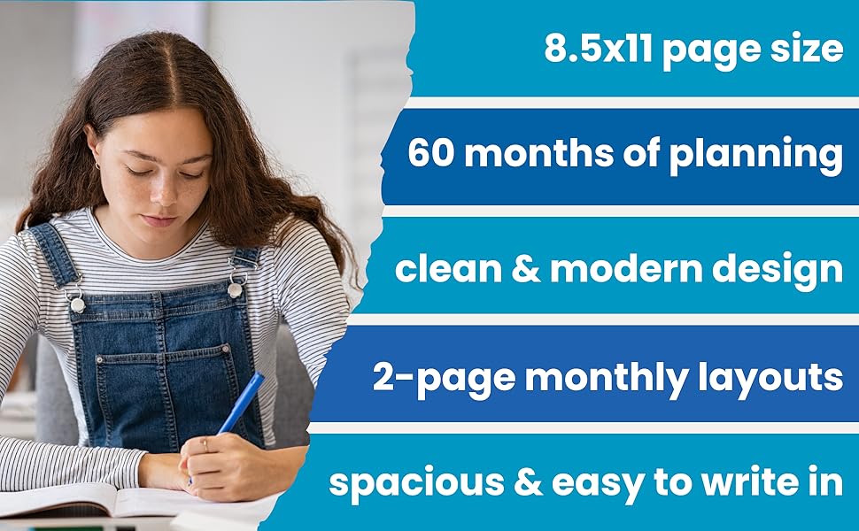 8.5x11 page size, 60 months of planning, 2-page monthly layouts