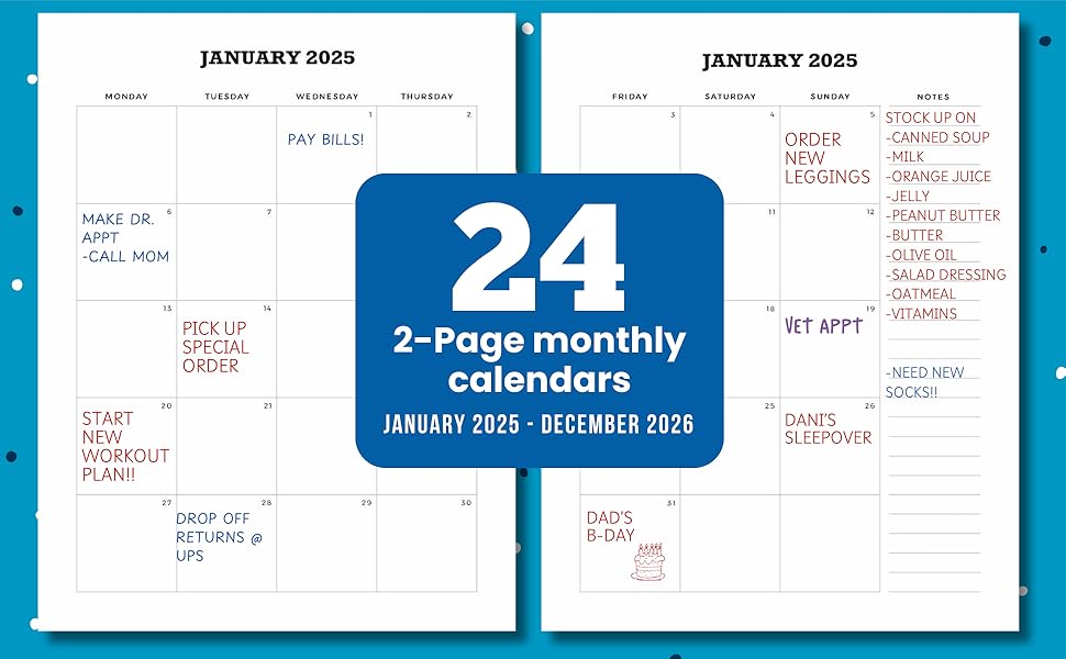 24 2-page monthly calendars January 2025 - December 2026