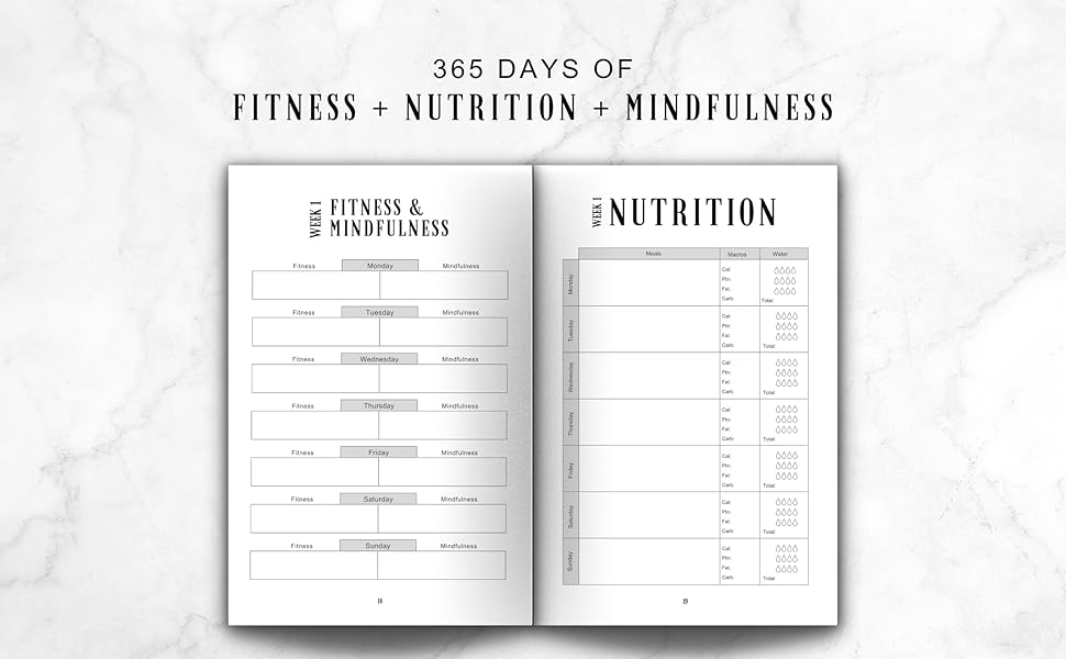 Open magazine with fitness mindfulness and nutrition planners and trackers