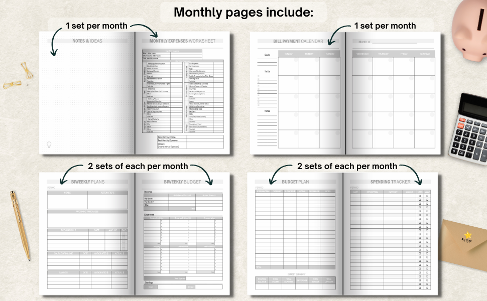 Big Star Press Biweekly Paycheck Budget Planner interior monthly page features