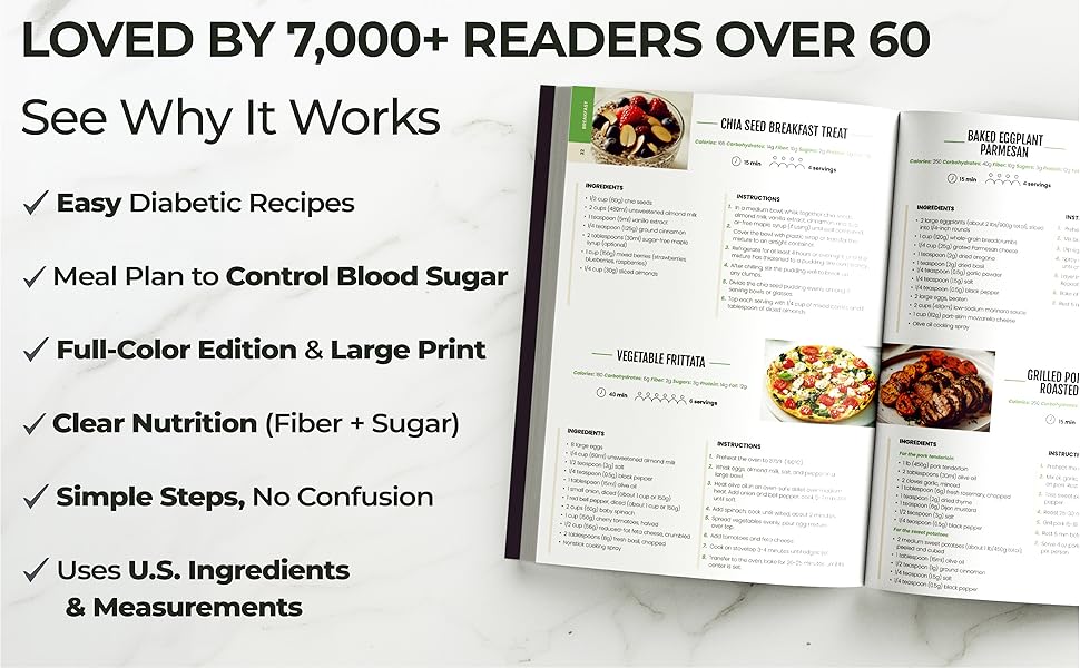 Inside preview of diabetic cookbook with meal plan and simple recipes | Includes U.S. ingredients