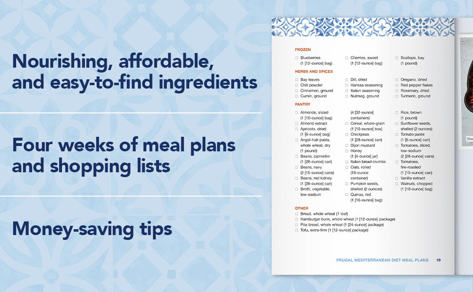 Nourishing, affordable, and easy-to-find ingredients Four weeks of meal plans and shopping lists Mon