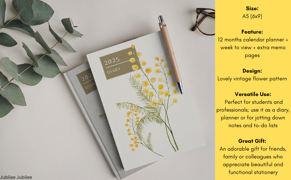 2025 diary A5 week to view, 2025 month to view diary, Calendar notebook 2025, 2025 flower planner