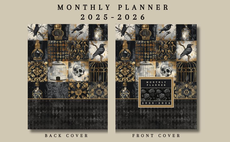 Image of the front and back cover of the gothic themed "Monthly Planner 2025-2026."