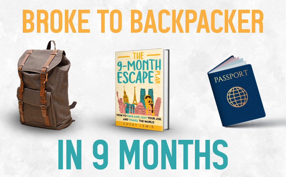 Visual of the book flanked by images of a backpack and a passport