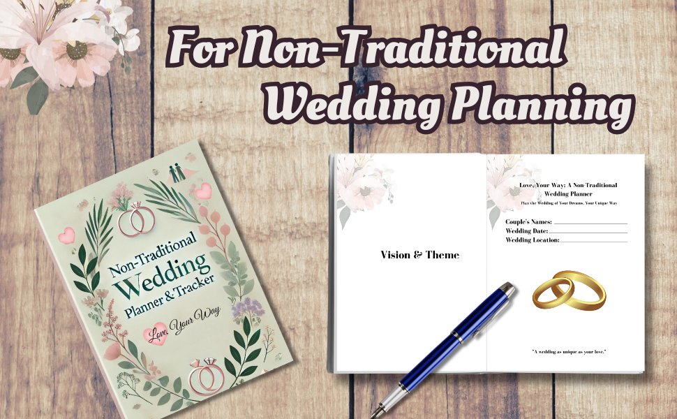Open View of the Non Traditional Wedding Planner on a wooden table with a ink pen.