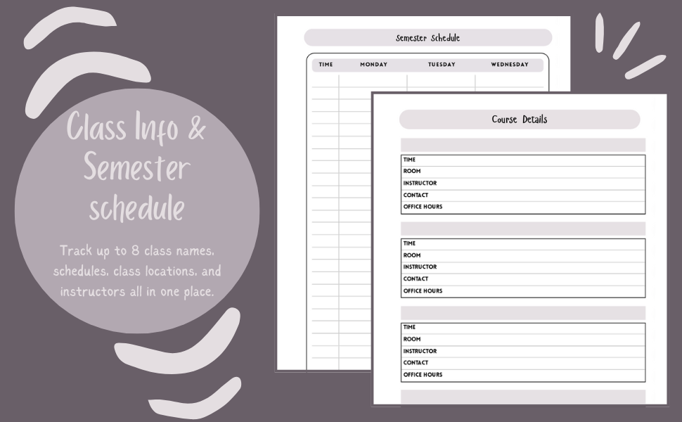 Semester schedule and course detail pages of the academic planner.