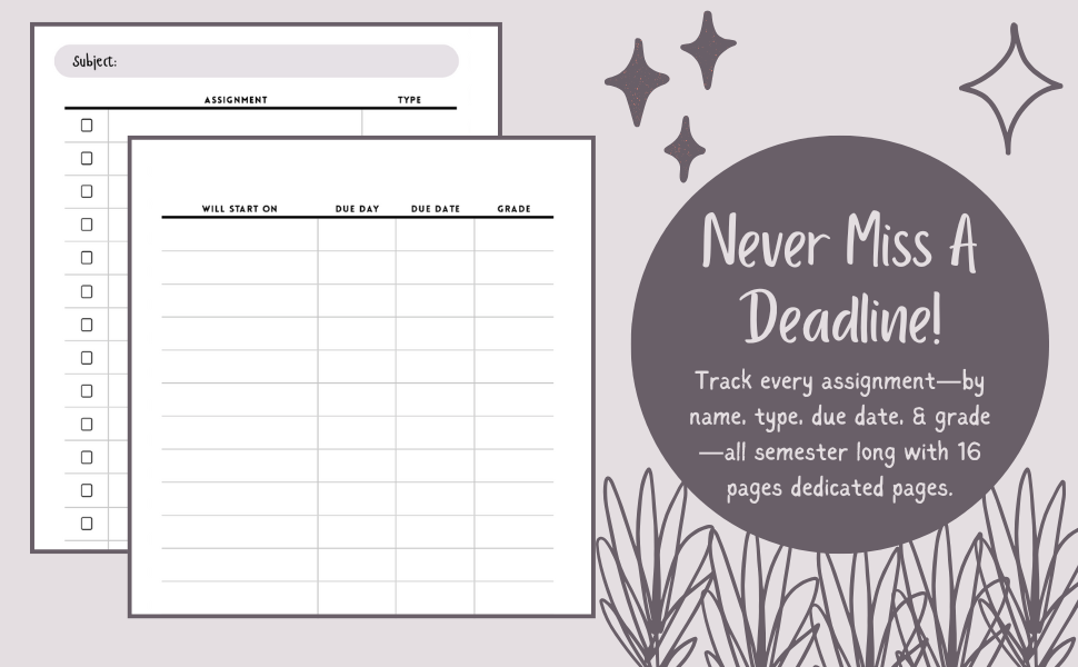 Course Assignment pages for the academic planner