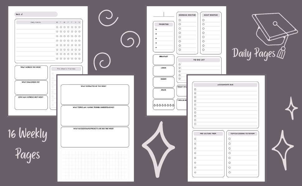 Daily and weekly pages for the academic planner