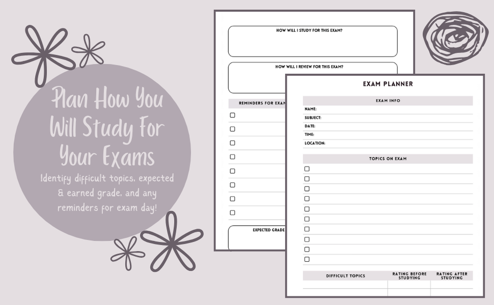 Exam planner pages for the acadamic planner
