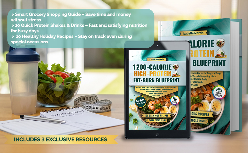 Book and tablet mockup with bonus tools: shopping list, shakes, and holiday recipes