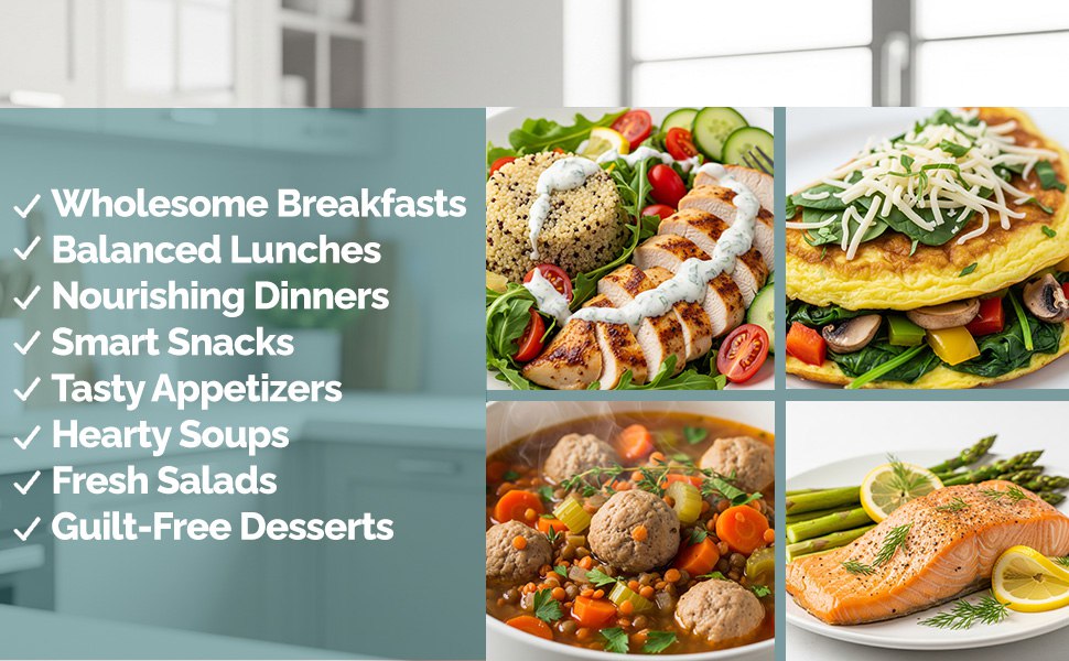 Colorful high-protein meals: breakfast, lunch, soups, snacks, salads, and desserts