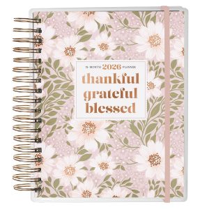 WITH LOVE Inspirational 2026-27 18-Month Calendar Planner w/Elastic Closure, Thankful Grateful Blessed, Personal Organizer for Weekly/Monthly Agendas, Pastel Pink & White Florals, 9.8" x 9" x 1.6"