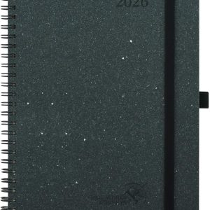 POPRUN 2026 Planner - 2026 Recycled Weekly Planner [Italian Regenrated Leather - Medium Size 6.5'' x 8.5''] - 2026 Weekly Planner with Hourly Schedule, Monthly Tabs-26-WERO7-BGY - Black Grey