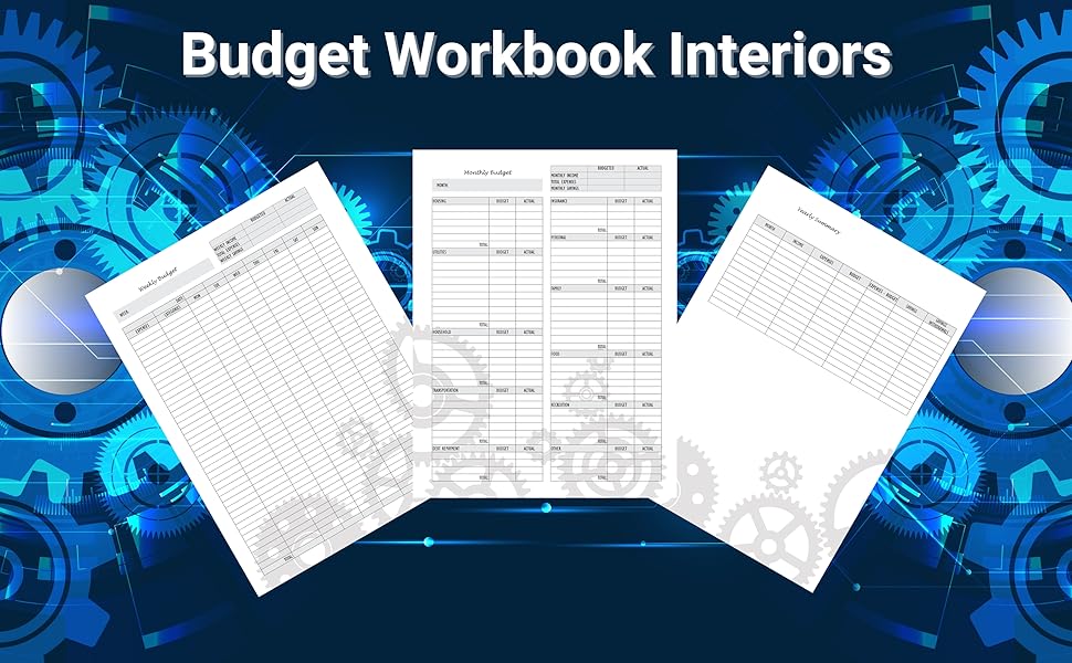 Budget workbook interiors for weekly, monthly, and yearly planning.
