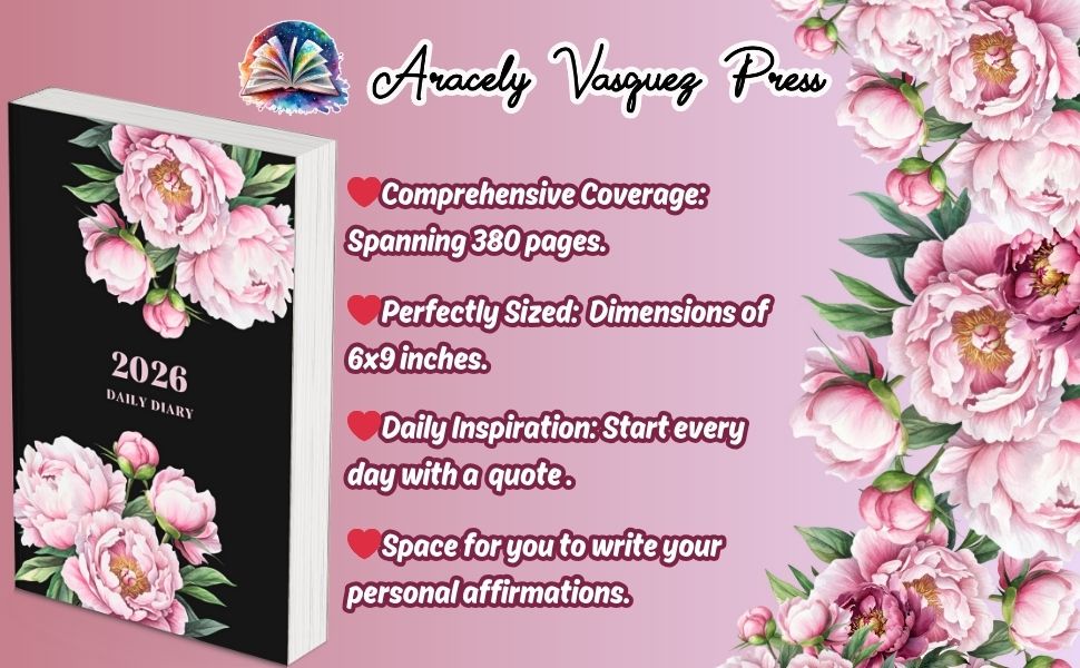 diary 2026 daily for woman 6x9 small size lined day per page floral peony elegant a5 planner dated