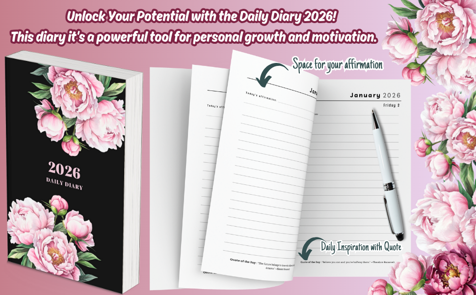 diary 2026 daily for woman 6x9 small size lined day per page floral peony elegant a5 planner dated